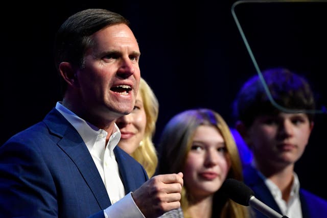 <p>As his daughter Lila Beshear, and son Will Beshear watch, Kentucky Gov. Andy Beshear speaks to the crowd after he was elected to a second term in Louisville, Ky., Tuesday, Nov. 7, 2023. (AP Photo/Timothy D. Easley)</p>