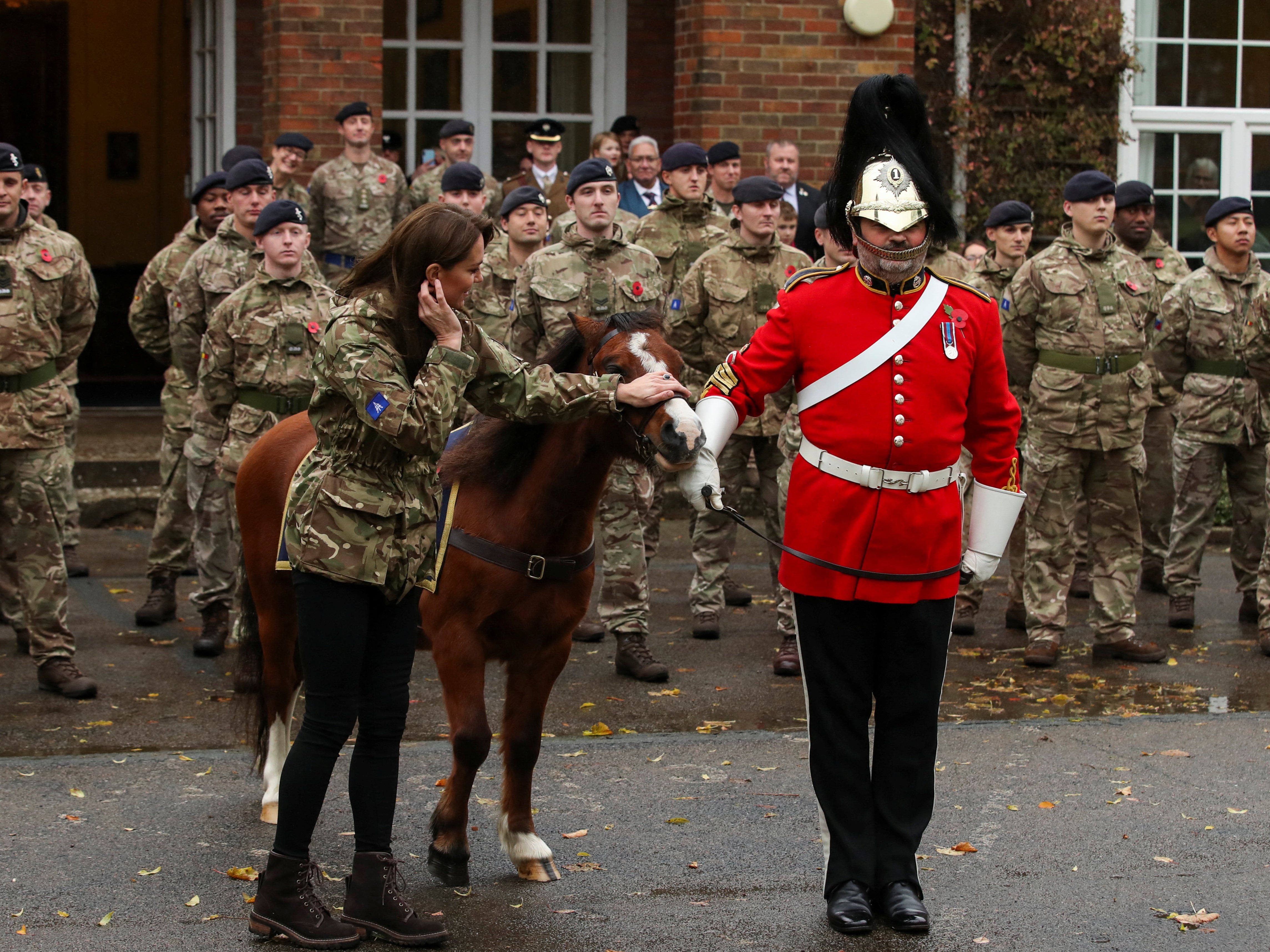 Princess of Wales touches a pony as she visits The Queen's Dragoon Guards Regiment for the first time
