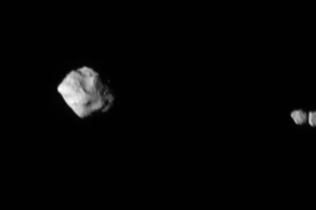 <p>This image shows the asteroid Dinkinesh and its satellite as seen by the Lucy Long-Range Reconnaissance Imager (L’LORRI) as NASA’s Lucy Spacecraft departed the system</p>