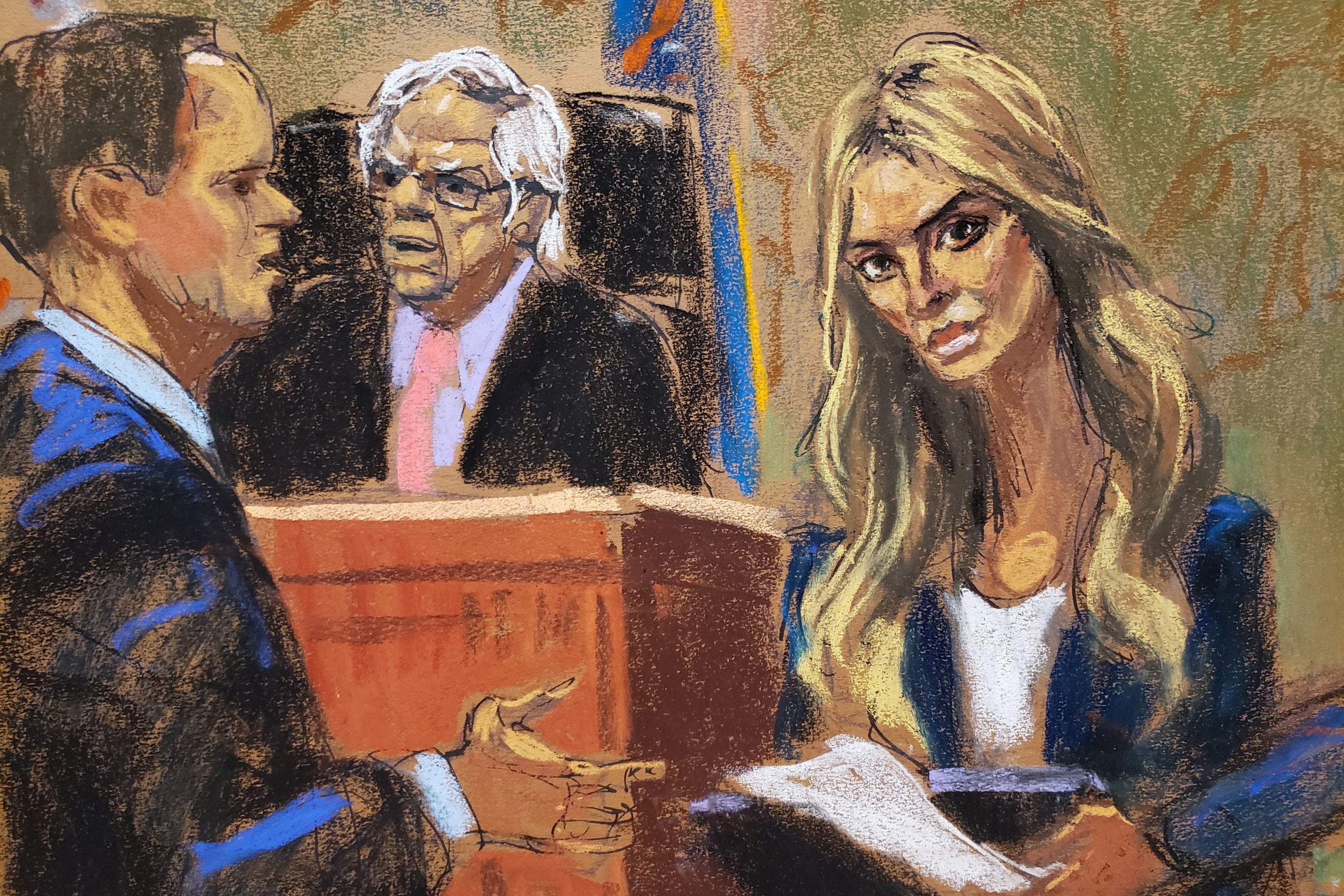 A courtroom sketch depicts Ivanka Trump, right, on the witness stand on 8 November during a fraud trial targeting her father’s business empire