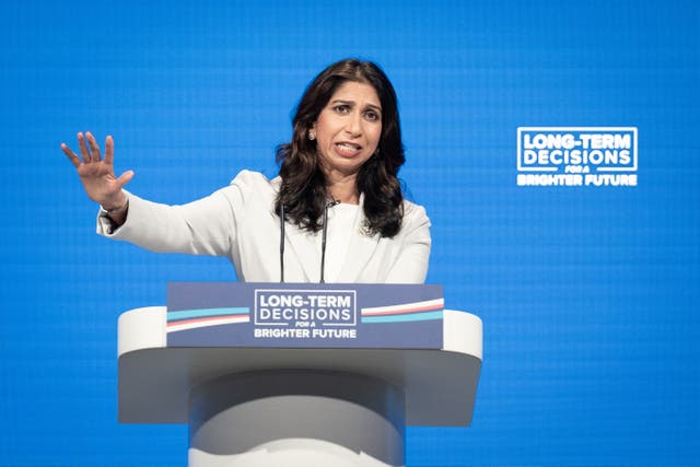Home Secretary, Suella Braverman delivers her keynote speech to the Conservative Party annual conference in Manchester. Picture date: Tuesday October 3, 2023.
