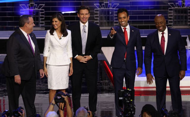 <p>Former New Jersey Governor Chris Christie, former South Carolina Governor Nikki Haley, Florida Governor Ron DeSantis, former biotech executive Vivek Ramaswamy and U.S. Senator Tim Scott (R-SC) pose together at the third Republican candidates' U.S. presidential debate of the 2024 U.S. presidential campaign hosted by NBC News at the Adrienne Arsht Center for the Performing Arts in Miami, Florida, U.S., November 8, 2023</p>