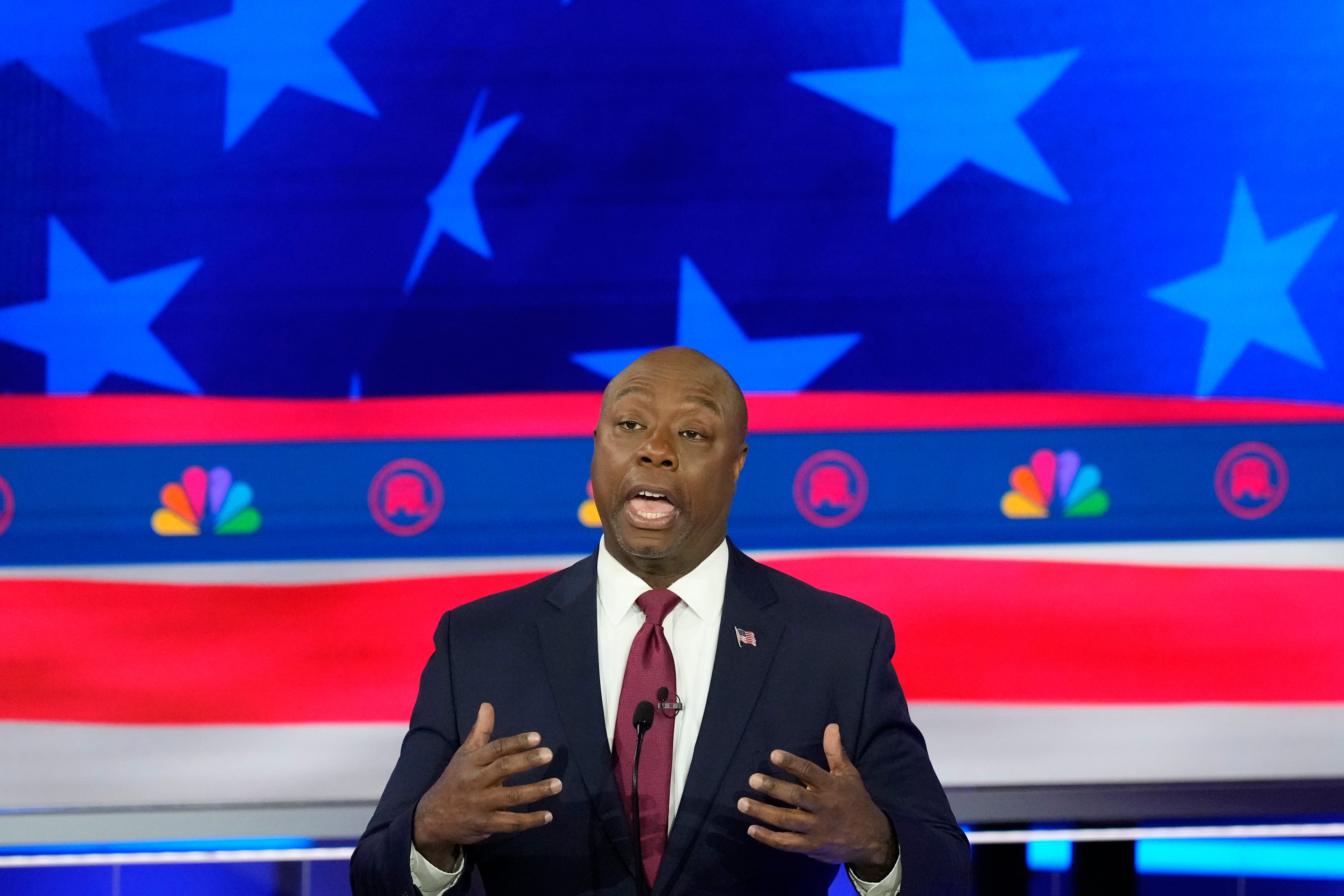 Republican presidential candidate Sen. Tim Scott, R-S.C., speaks during a Republican presidential primary debate hosted by NBC News, Wednesday, Nov. 8, 2023, at the Adrienne Arsht Center for the Performing Arts of Miami-Dade County in Miami