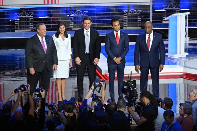 <p>The five candidates take to the stage as NBC News begins the third debate</p>