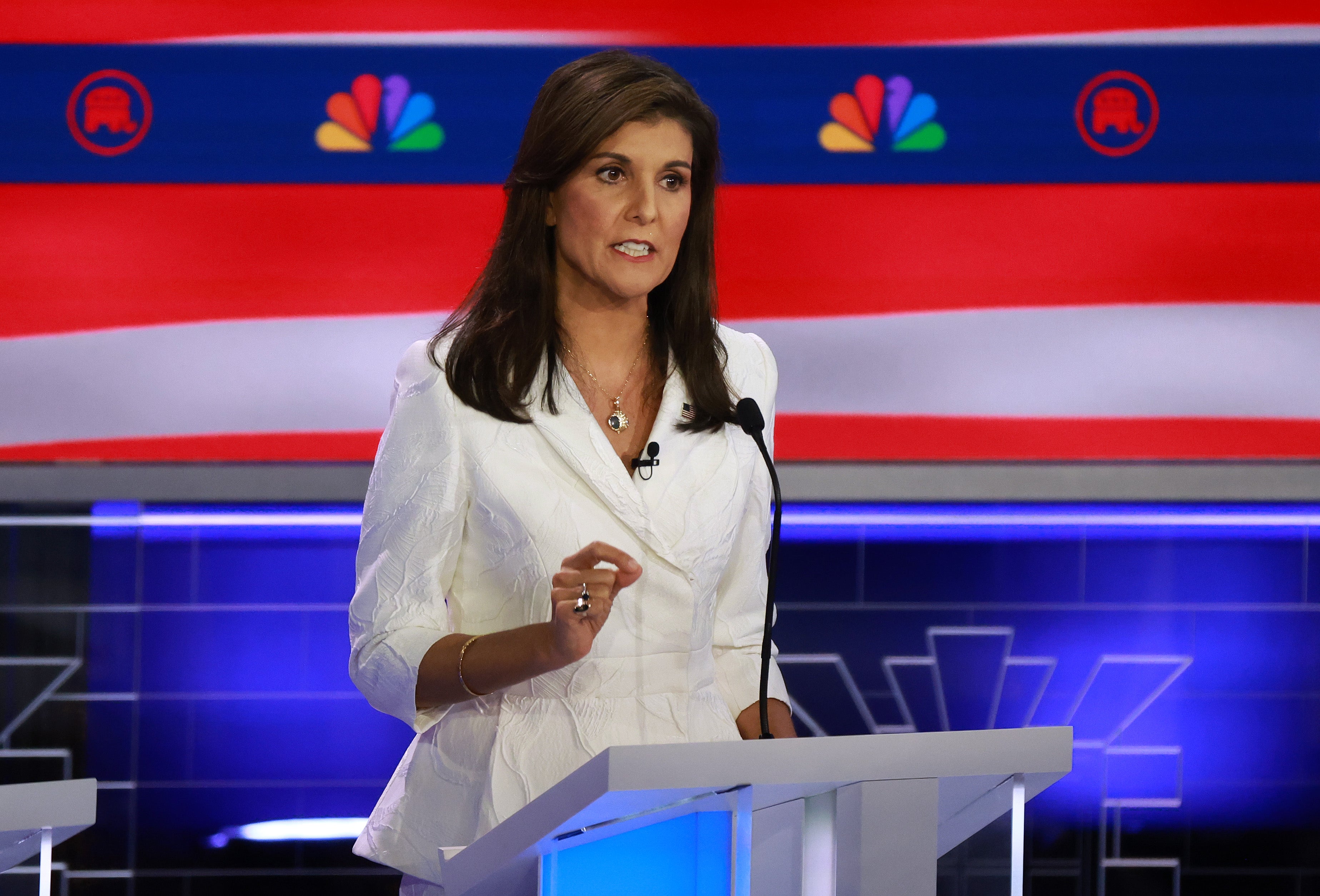 Republican presidential candidate former U.N. Ambassador Nikki Haley speaks during the NBC News Republican Presidential Primary Debate at the Adrienne Arsht Center for the Performing Arts of Miami-Dade County on November 8, 2023
