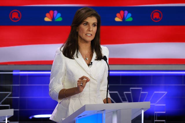 <p>Republican presidential candidate former U.N. Ambassador Nikki Haley speaks during the NBC News Republican Presidential Primary Debate at the Adrienne Arsht Center for the Performing Arts of Miami-Dade County on November 8, 2023</p>