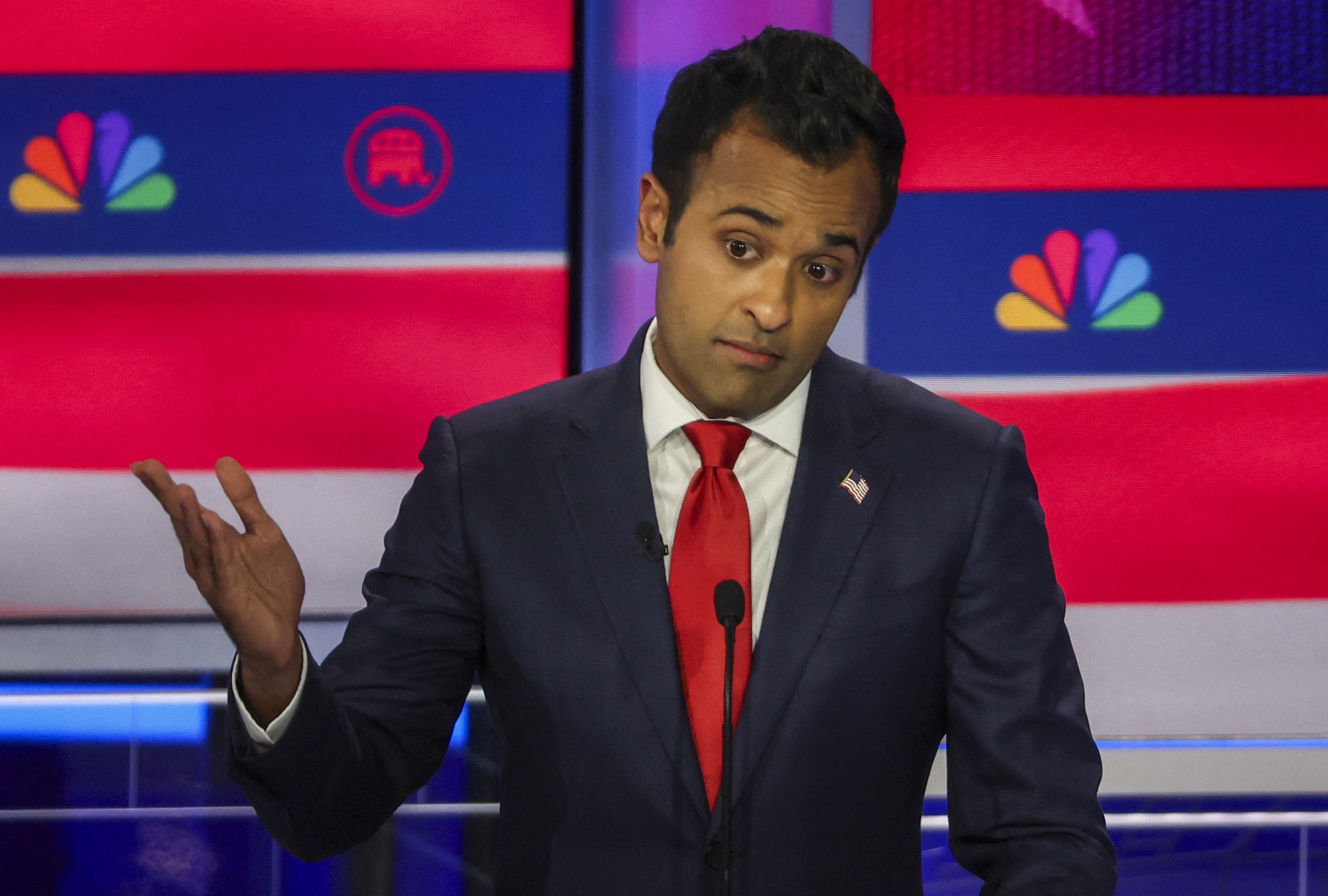 Former biotech executive Vivek Ramaswamy speaks at the third Republican candidates' U.S. presidential debate of the 2024 U.S. presidential campaign hosted by NBC News at the Adrienne Arsht Center for the Performing Arts in Miami, Florida