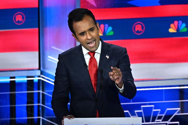 <p>Entrepreneur Vivek Ramaswamy speaks during the third Republican presidential primary debate</p>