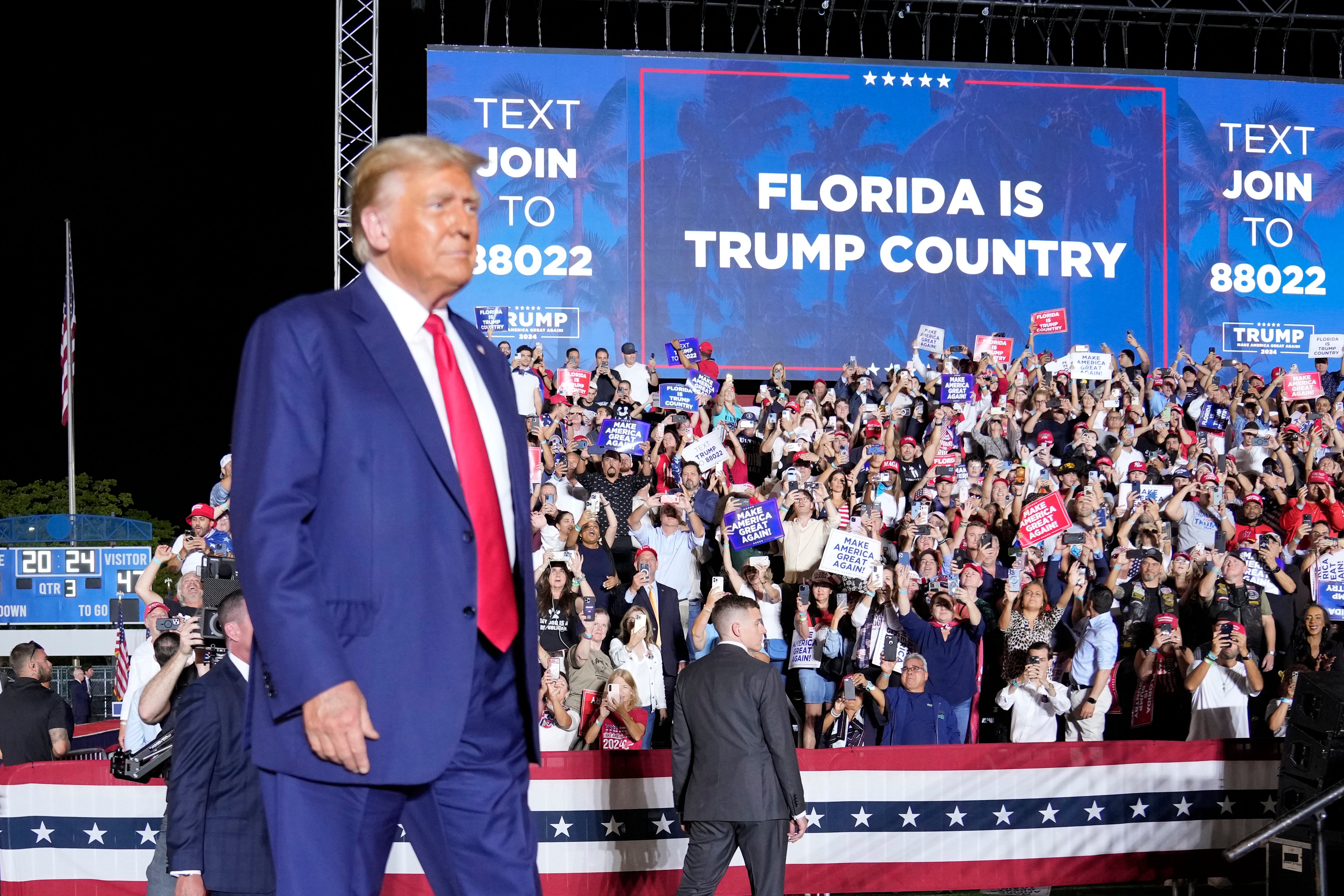 Former President Donald Trump arrives to speak at a campaign rally in Hialeah, Fla., Wednesday, Nov. 8, 2023.