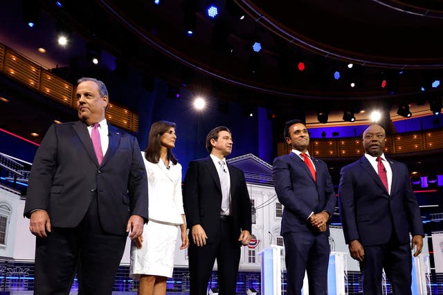 <p>Republican presidential candidates (L-R), former New Jersey Gov. Chris Christie, former U.N. Ambassador Nikki Haley, Florida Gov. Ron DeSantis, Vivek Ramaswamy and U.S. Sen. Tim Scott (R-SC) are introduced during the NBC News Republican Presidential Primary Debate at the Adrienne Arsht Center for the Performing Arts of Miami-Dade County on November 8, 2023 in Miami, Florida. </p>