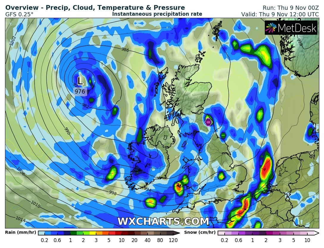 Weather map show rain clouds covering most of the UK with some possibility of snow