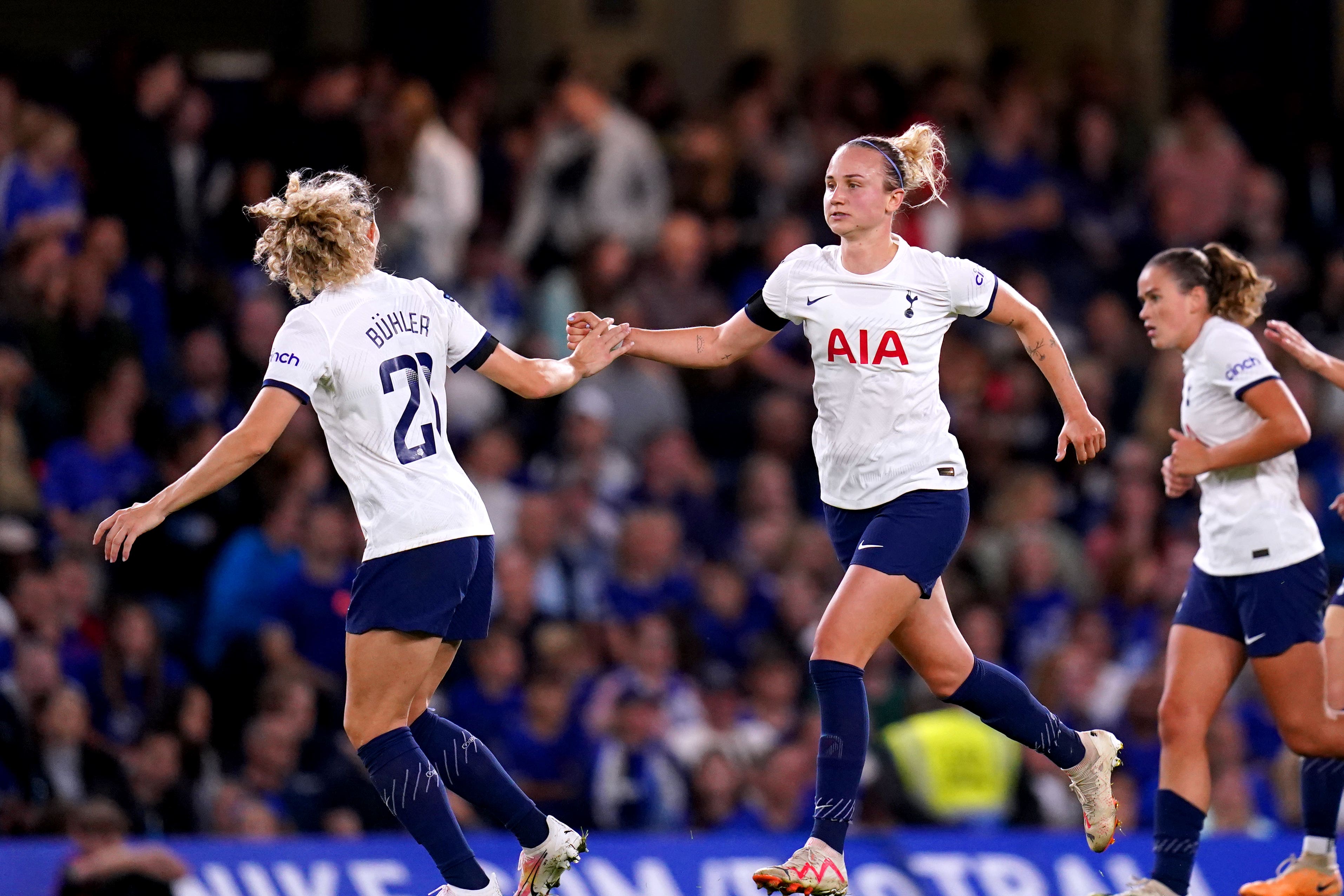 Martha Thomas, right, scored six goals in Tottenham’s first four league games this season (John Walton/PA)