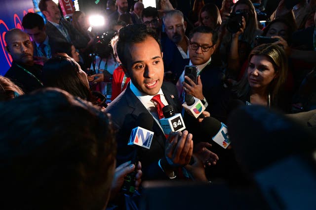 <p>Entrepreneur Vivek Ramaswamy speaks to members of the media in the spin room following the third Republican presidential primary debate, at the Adrienne Arsht Center for the Performing Arts in Miami, Florida, on November 8, 2023</p>