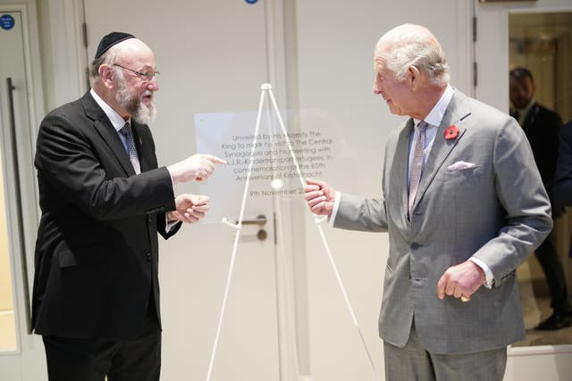 Charles spoke with Kindertransport refugees at an event commemorating the anniversary of Kristallnacht (Aaron Chown/PA)