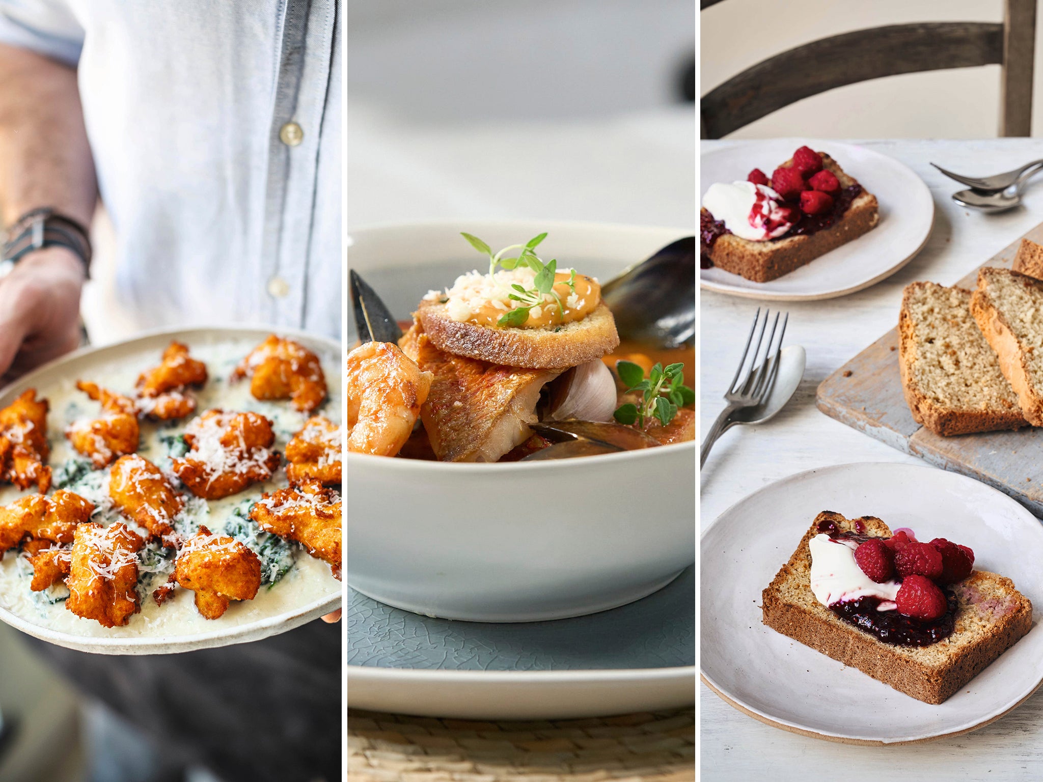 Parmesan fritters, fish soup and coconut bread with raspberry cream are some of the dishes on the menu at home