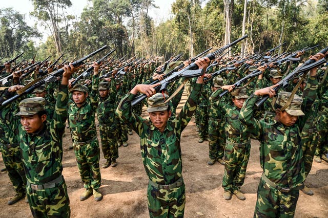 <p>File. In this photo taken on 8 March 2023, members of the ethnic rebel group Ta’ang National Liberation Army (TNLA) take part in a training exercise at their base camp in the forest in Myanmar’s northern Shan State</p>