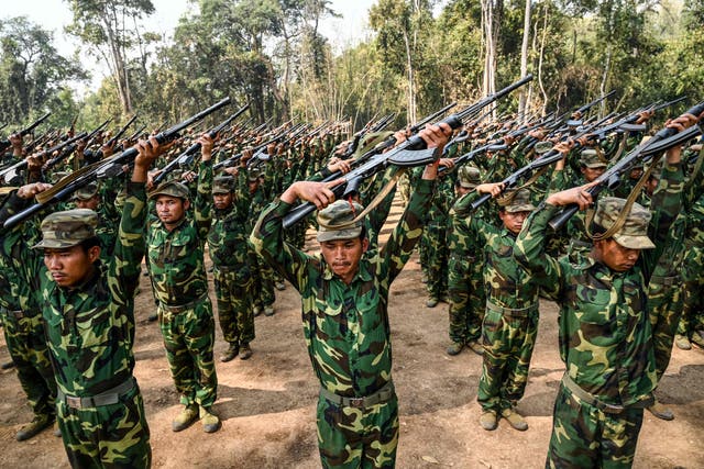 <p>File. In this photo taken on 8 March 2023, members of the ethnic rebel group Ta’ang National Liberation Army (TNLA) take part in a training exercise at their base camp in the forest in Myanmar’s northern Shan State</p>
