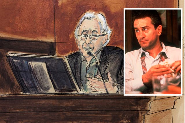 <p>An artist’s impression of Robert De Niro on the witness stand. The actor has won two Oscars during a stellar career </p>