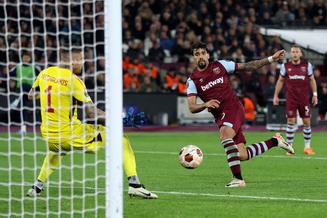 West Ham United’s Lucas Paqueta scores their side’s first goal of the game during the UEFA Europa League Group A match at the London Stadium, London. Picture date: Thursday November 9, 2023.