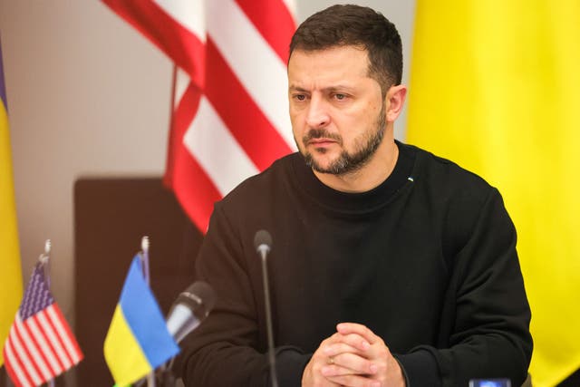 <p>Ukraine president Volodymyr Zelensky is seen at the start of a meeting of the Ukraine Defence Contact Group</p>