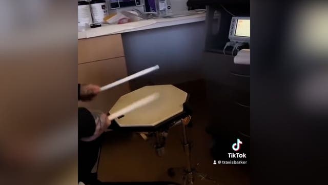 <p>Kourtney Kardashian films Travis Barker drumming along to baby son’s heartbeat.</p>