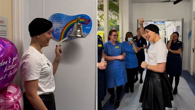 <p>Amy Dowden cries as she rings bell marking end of chemotherapy.</p>