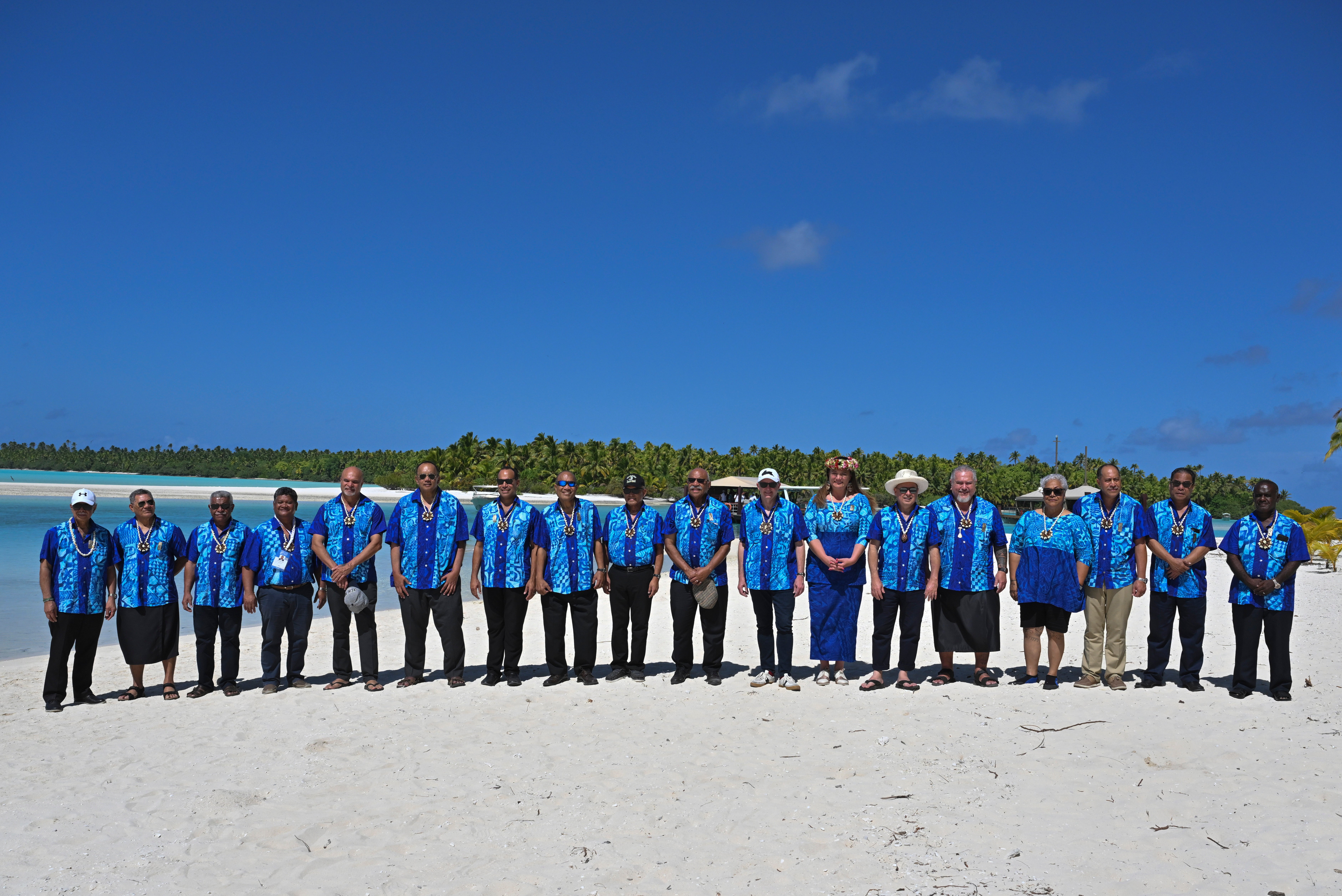 Pacific leaders pose for a group photograph on One Foot Island after attending the Leaders' Retreat