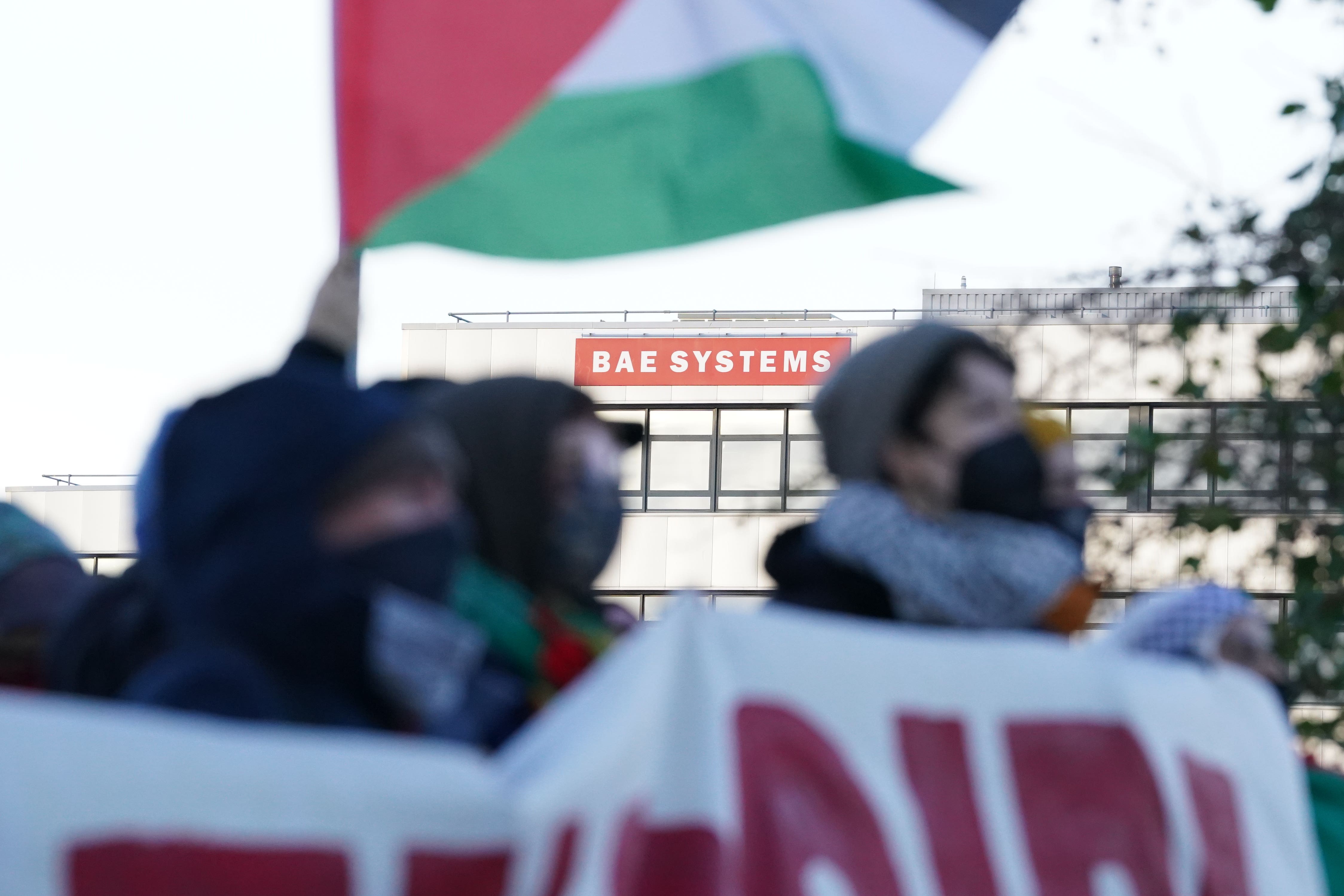 Trade unionists and protesters form a blockade outside weapons manufacturer BAE Systems in Rochester, Kent, in protest over the Israel-Gaza conflict (Gareth Fuller/PA)