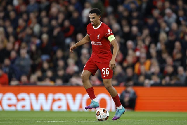 Trent Alexander-Arnold’s hybrid role has seen him develop greater midfield capabilities (Nigel French/PA)