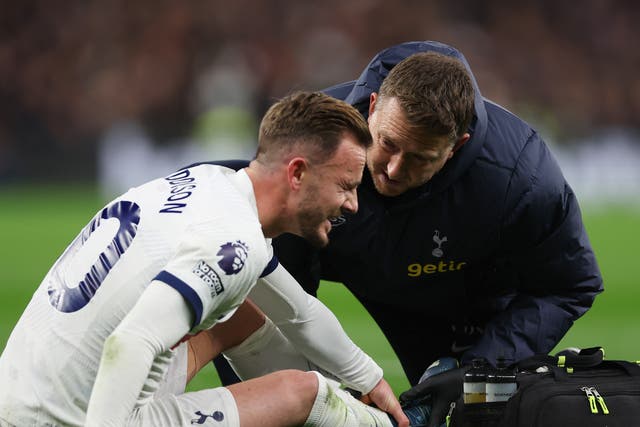 <p>James Maddison of Tottenham goes down with an injury against Chelsea</p>