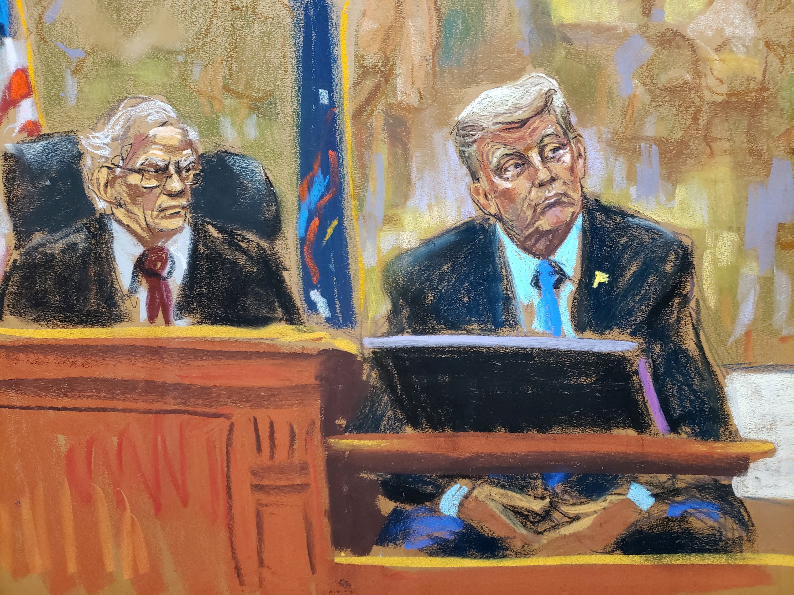 Donald Trump is questioned next to Judge Arthur Engoron during the Trump Organization civil fraud trial in New York State Supreme Court in Manhattan on 6 November 2023.