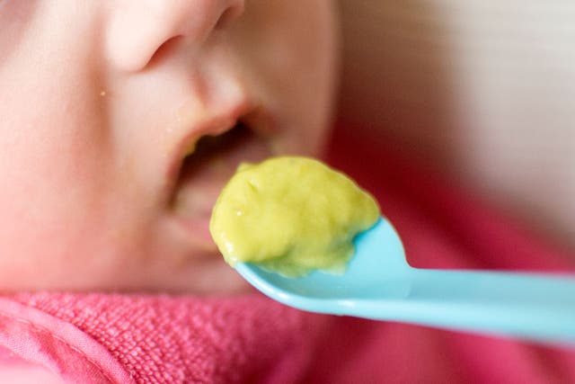 A six month old baby eats puree during weaning.