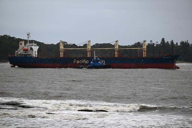 <p>File: The Portland Bay cargo ship is towed safely into Port Botany, Sydney, New South Wales</p>