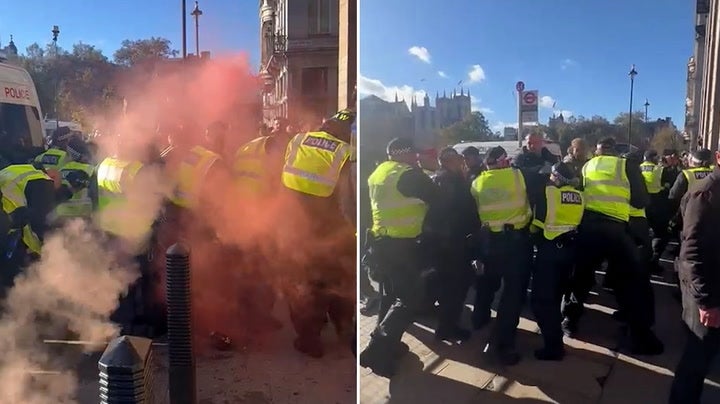 Far-right groups clash with police and throw projectiles during clashes in Westminster