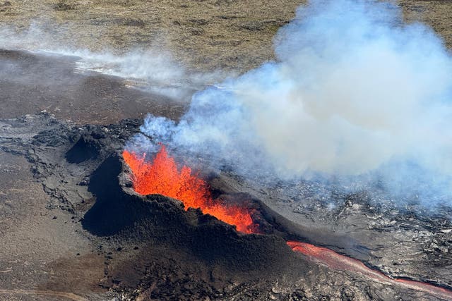 <p>Lava spurts and flows after the eruption of a volcano in the Reykjanes peninsula, Iceland, 12 July 2023</p>