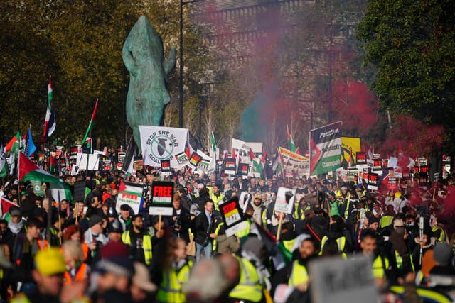 People during a pro-Palestinian protest on Park Lane in London, marching from Hyde Park to the US embassy in Vauxhall (Victoria Jones/PA)