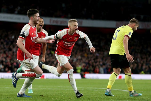 Arsenal’s Oleksandr Zinchenko (second right) celebrates (Nigel French/PA)
