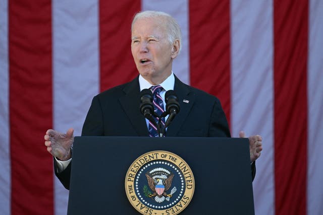 <p>US President Joe Biden speaks at the Memorial Amphitheater in Arlington National Cemetery during celebrations for Veterans Day, on 11  November</p>