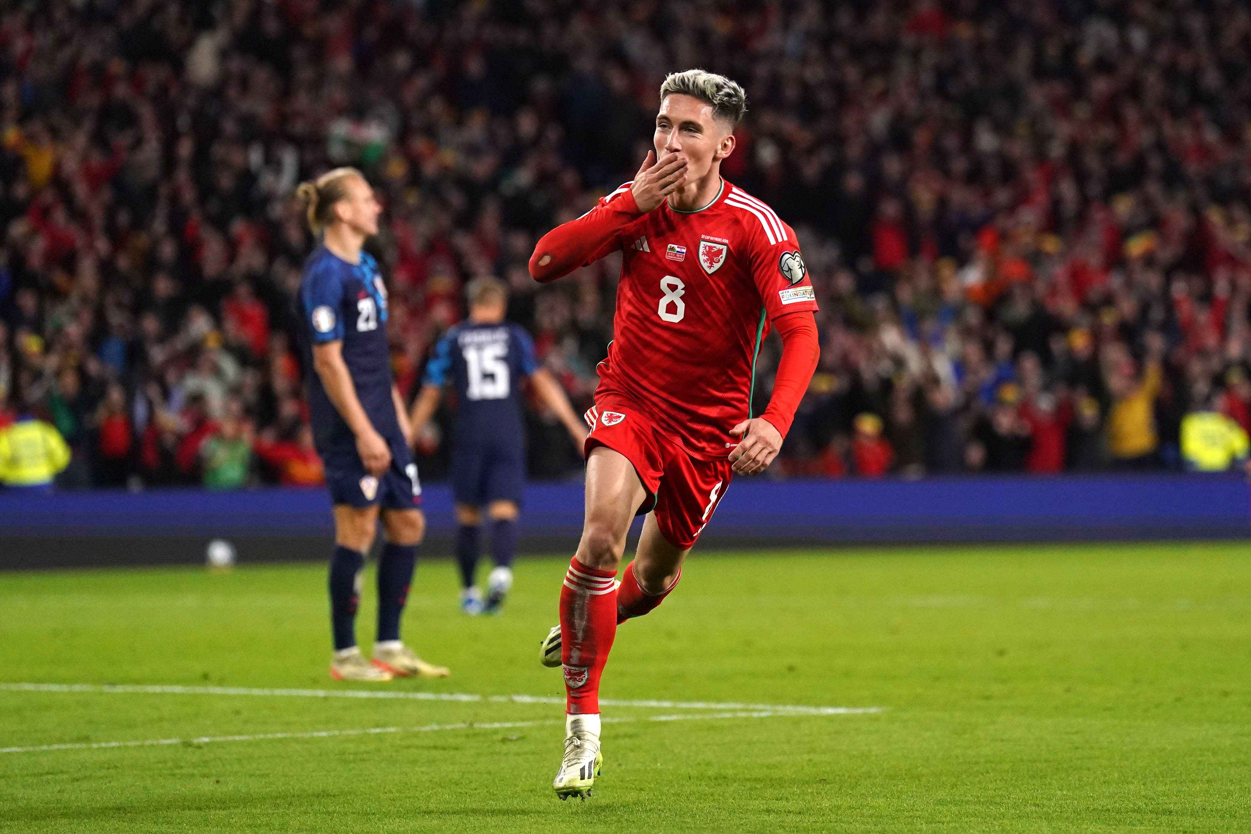 Wales’ Harry Wilson celebrates scoring his second goal against Croatia in their Euro 2024 qualifying victory last month (Tim Goode/PA)