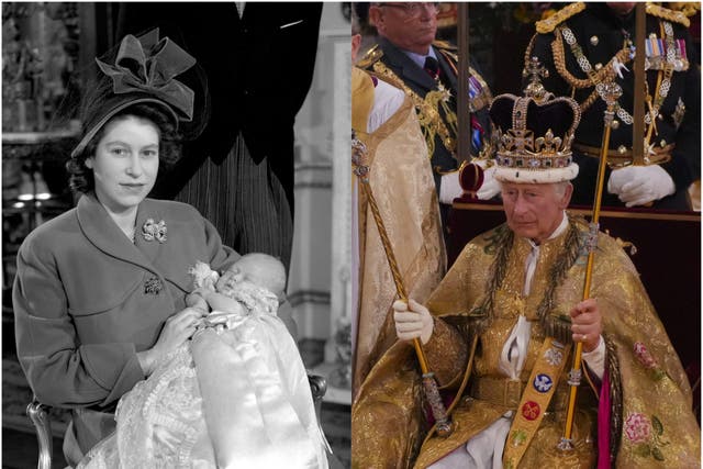 Princess Elizabeth with baby Prince Charles, and Charles at his coronation (PA)