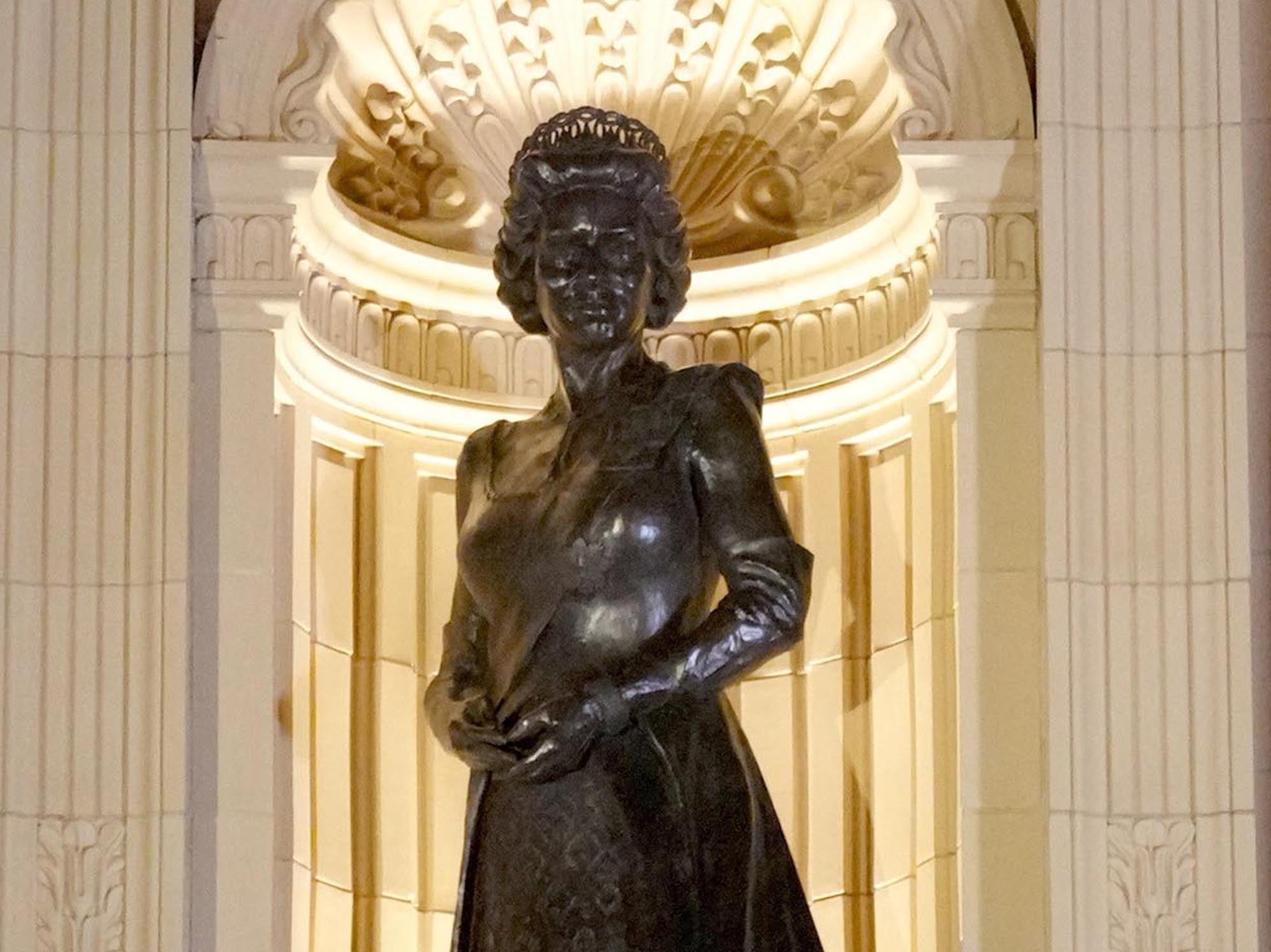 The statue of the late Queen Elizabeth II unveiled by King Charles at the Royal Albert Hall on 11 November 2023
