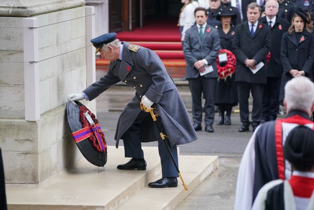 The King during the Remembrance Sunday service at the Cenotaph (Jonathan Brady/PA)