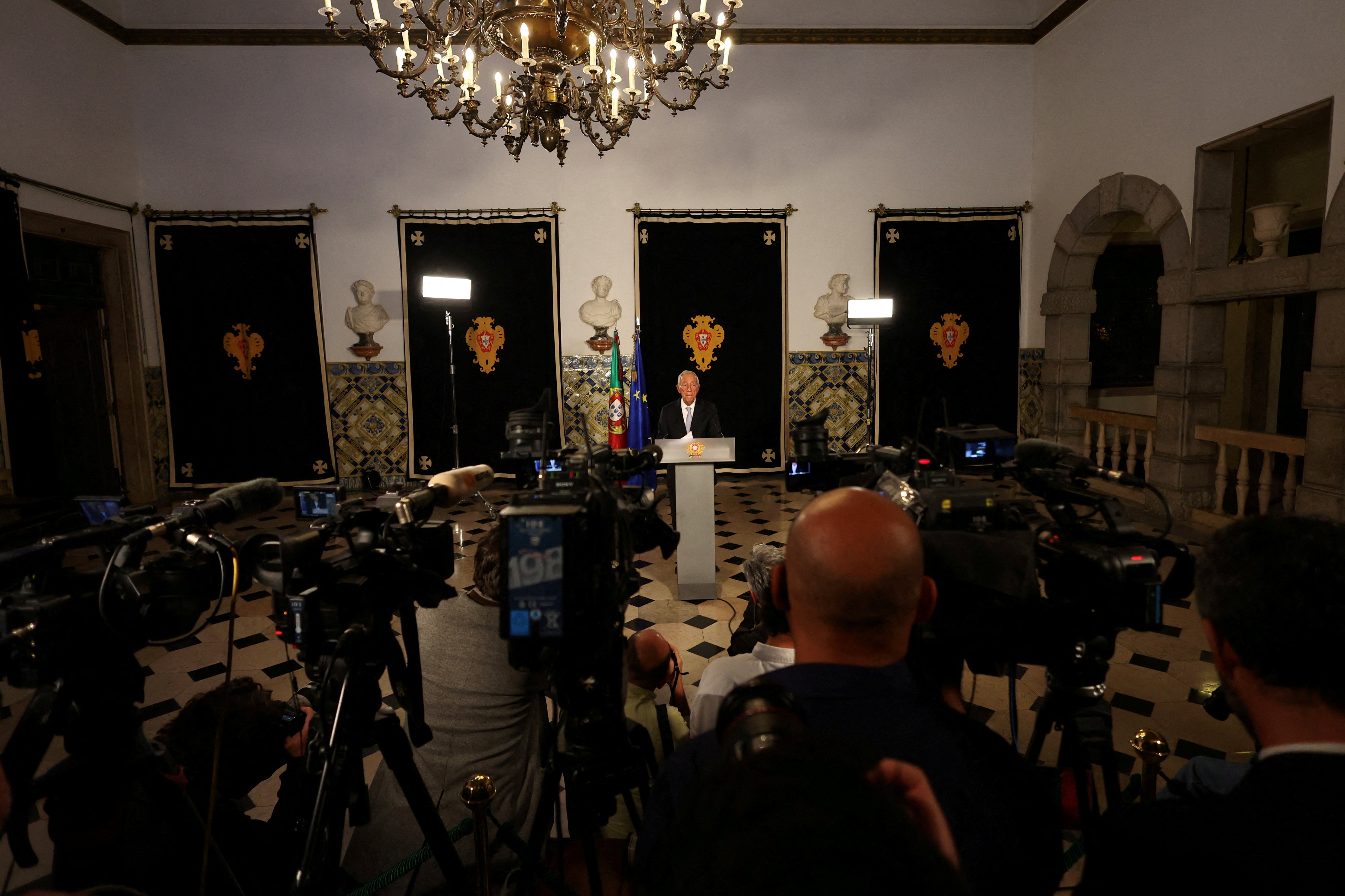 Portugal’s president Marcelo Rebelo de Sousa addresses the nation from Belem Palace to announce his decision to dissolve parliament