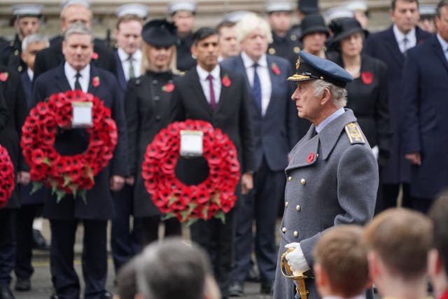 The King lays a wreath during the Remembrance Sunday service (Jonathan Brady/PA)