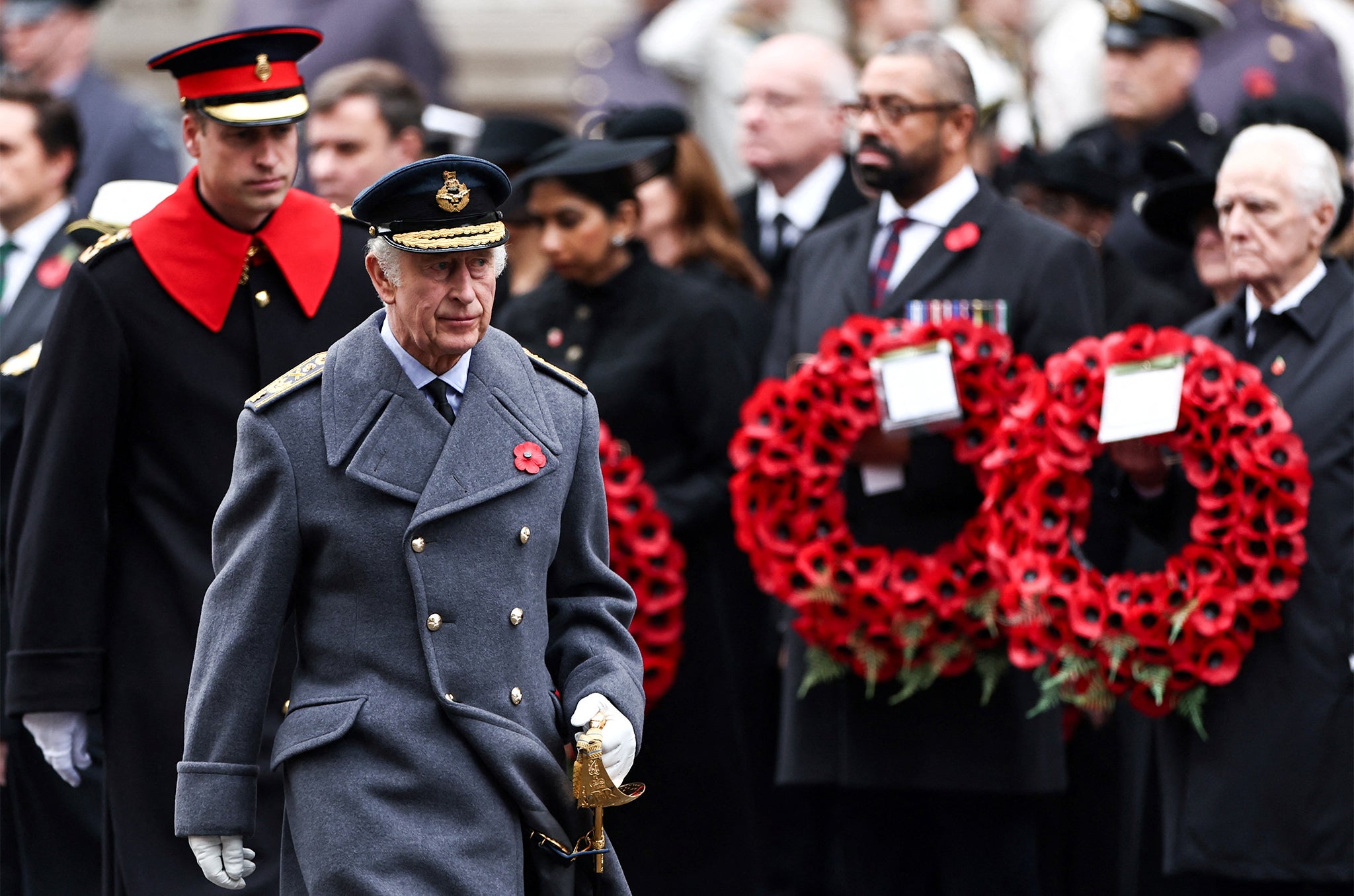 King Charles III walks towards The Cenotaph during the Remembrance Day service