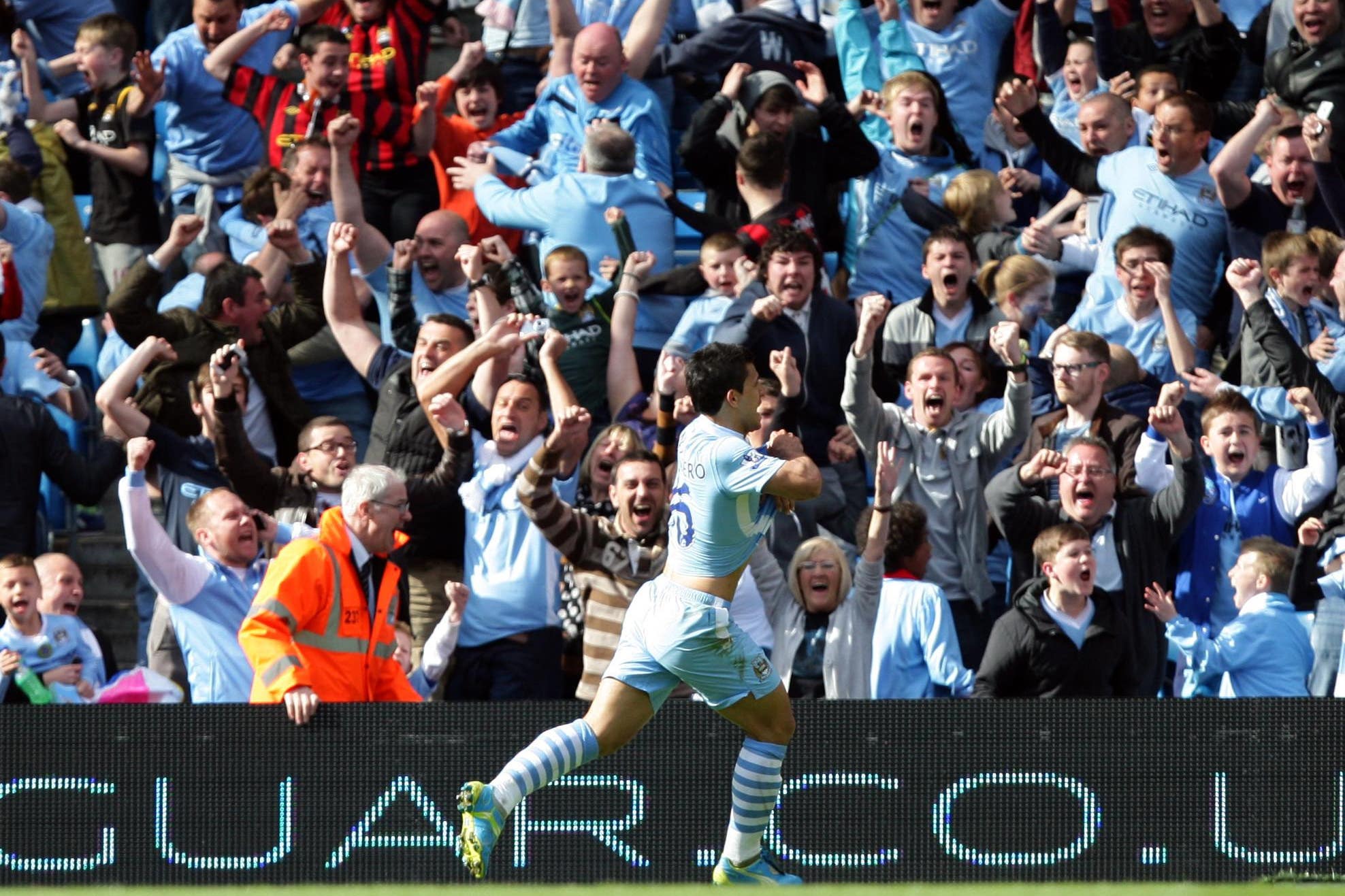 Sergio Aguero celebrates after clinching the title for Manchester City in 2012 (Dave Thompson/PA)