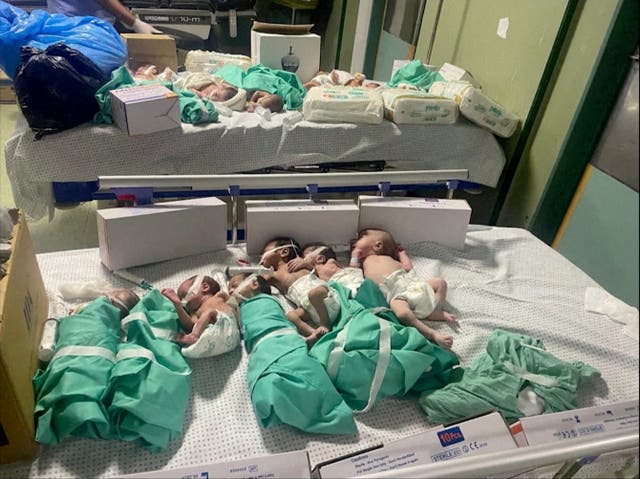 <p>Newborns are placed in bed after being taken off incubators in Gaza’s Al Shifa hospital after power outage, amid the ongoing Israeli attacks in Gaza City, Gaza on 12 November 2023 in this still image obtained by REUTERS</p>