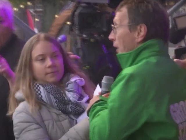 <p>Moment a man grabs microphone from Greta Thunberg</p>