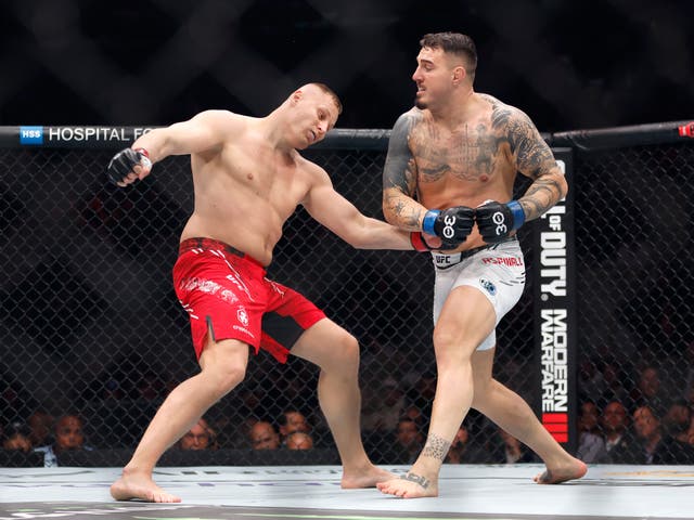 <p>Tom Aspinall (right) knocking out Sergei Pavlovich to become interim UFC heavyweight champion</p>