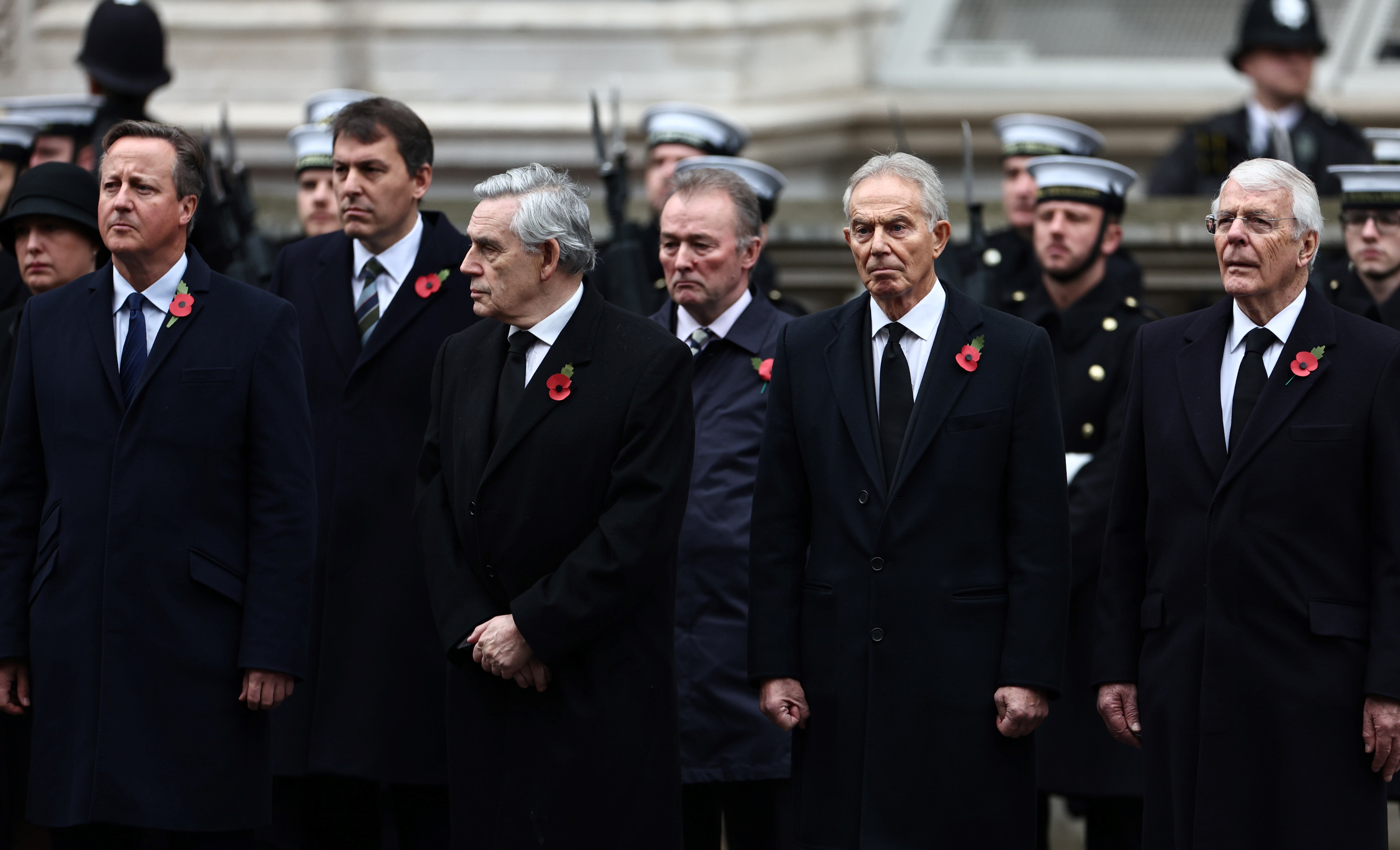Former prime ministers David Cameron, Gordon Brown, Tony Blair and John Major attend the Remembrance Sunday ceremony at the Cenotaph